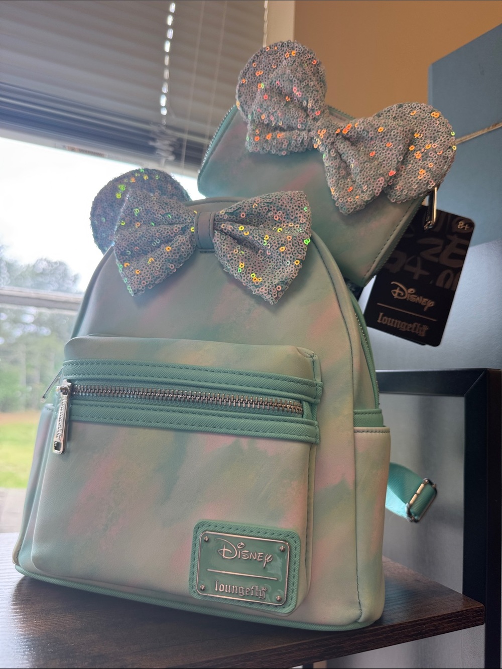 Loungefly Kids Mint Iridescent Minnie Backpack & Wallet set Bow Accent NWT